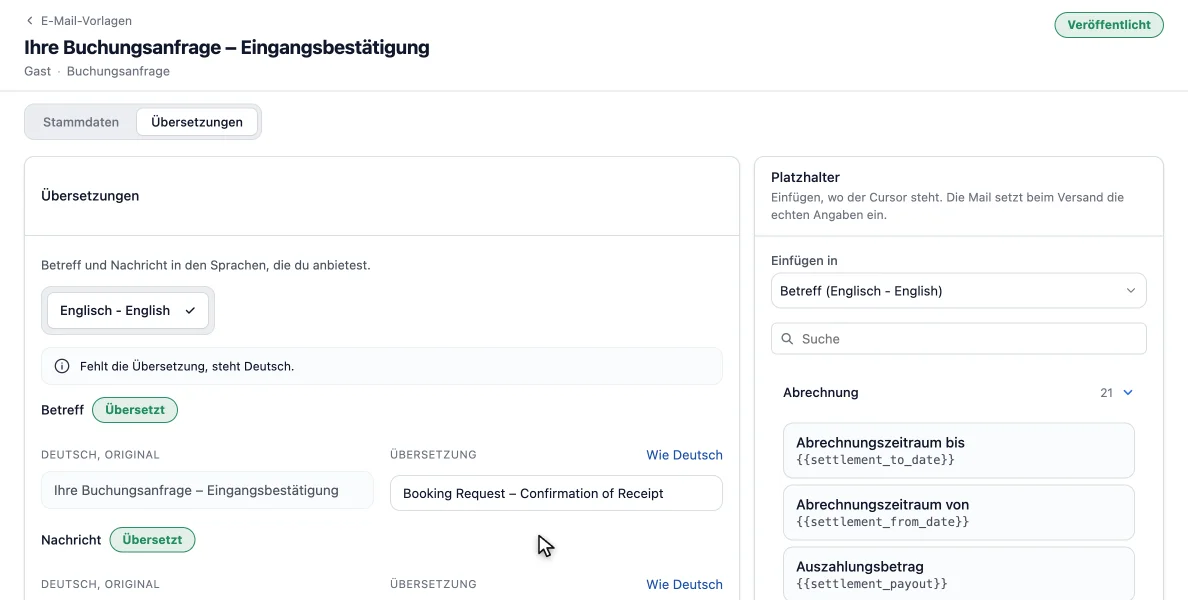 Übersetzung einer Mailvorlage: deutsches Original neben der englischen Fassung