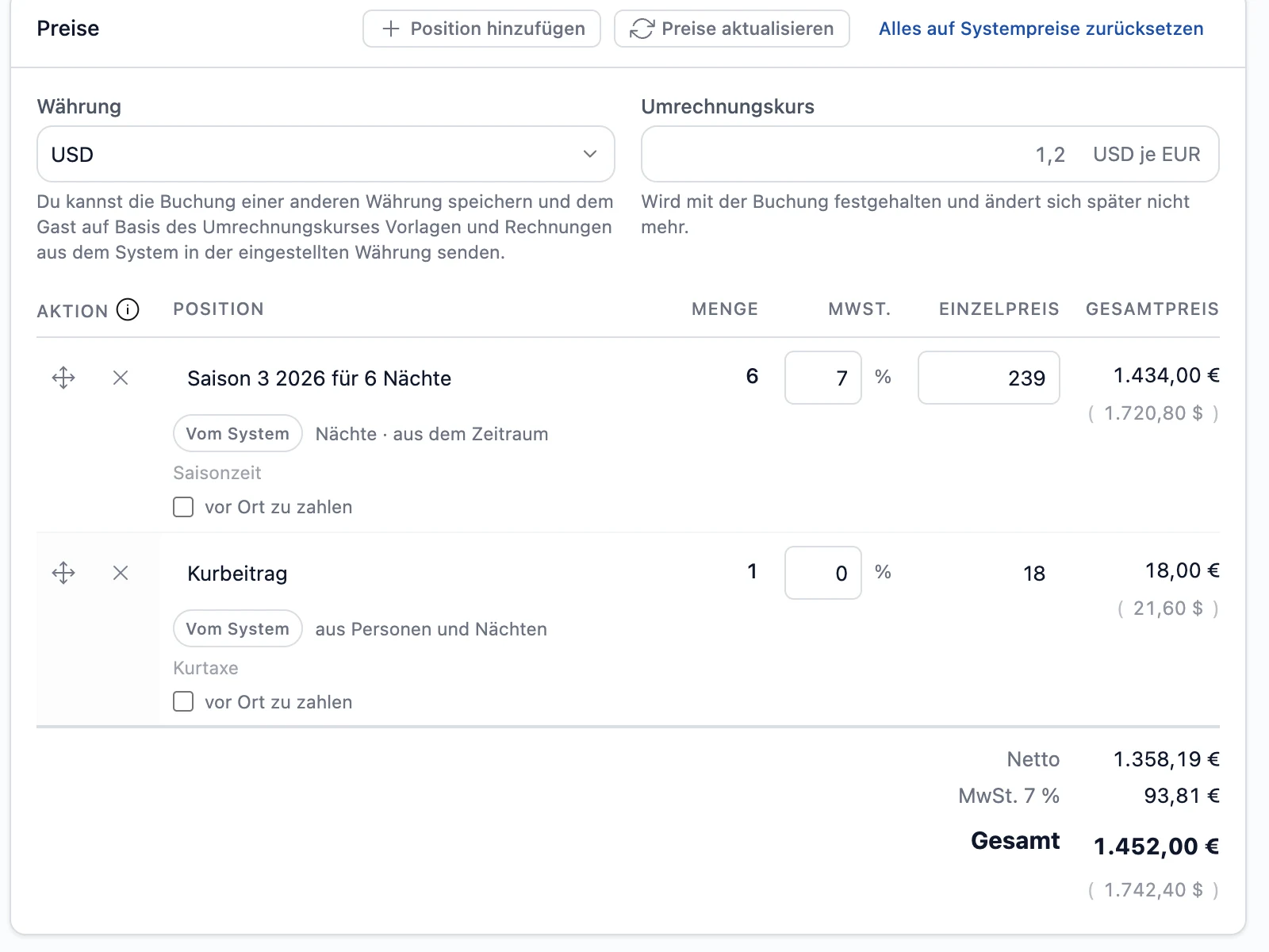 Karte Preise in einer Buchung mit Positionen und Summe