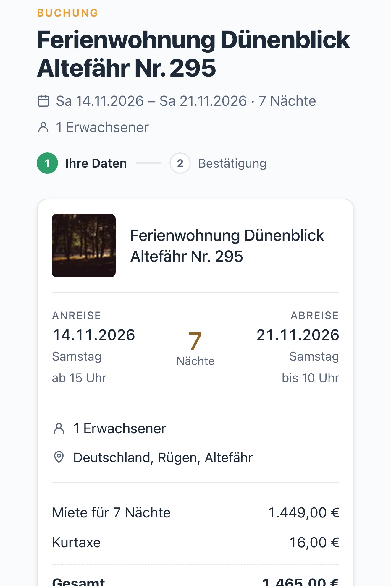 Buchungsstrecke der Webseite: Reisedaten, Miete, Kurtaxe und Gesamtpreis