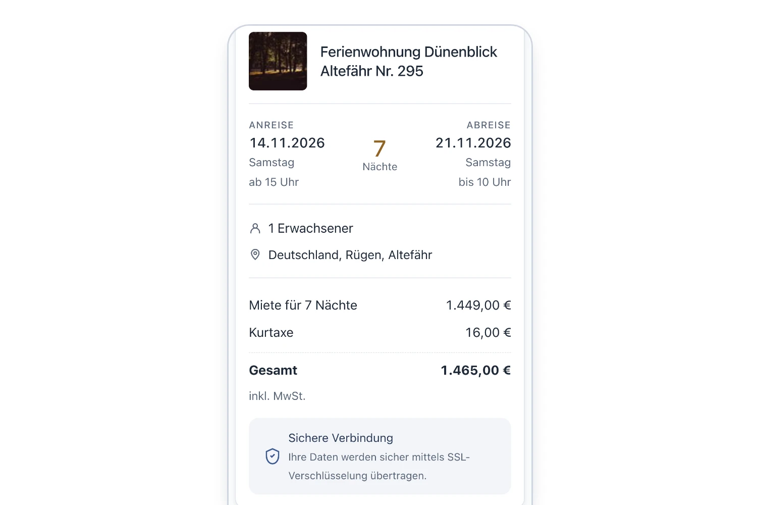 Buchungsstrecke der Webseite: Objekt mit Anreise, Abreise und sieben Nächten