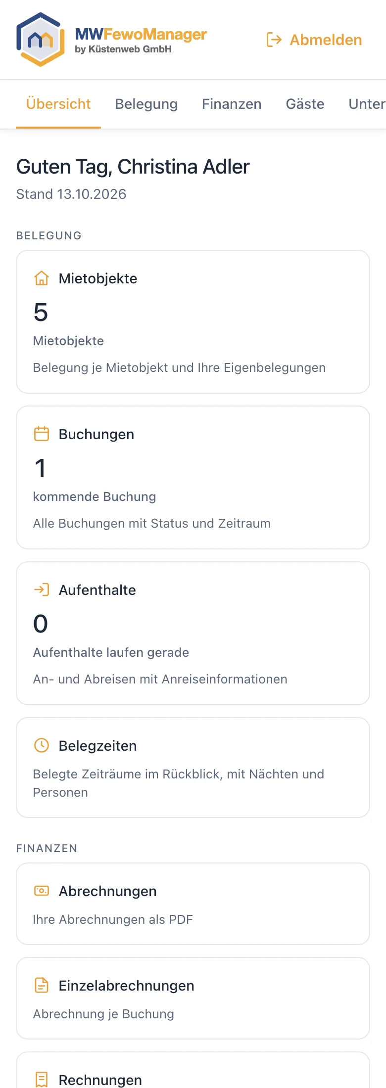 Eigentümer-Login auf dem Telefon: Übersicht mit Mietobjekten, Buchungen, Aufenthalten und Belegzeiten