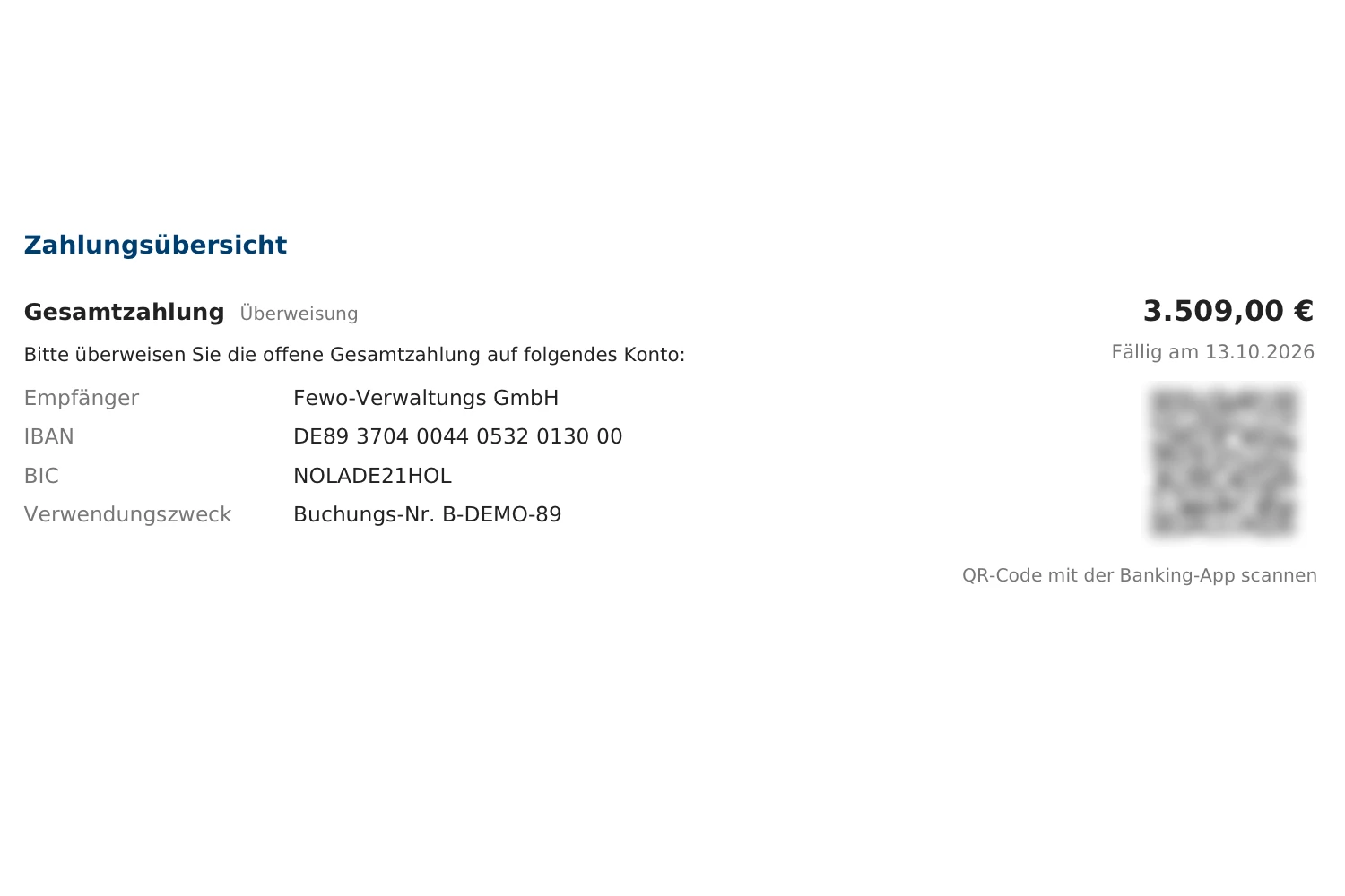 Rechnung als PDF: unten die Zahlungsübersicht mit Bankverbindung und dem QR-Code zum Scannen mit der Banking-App