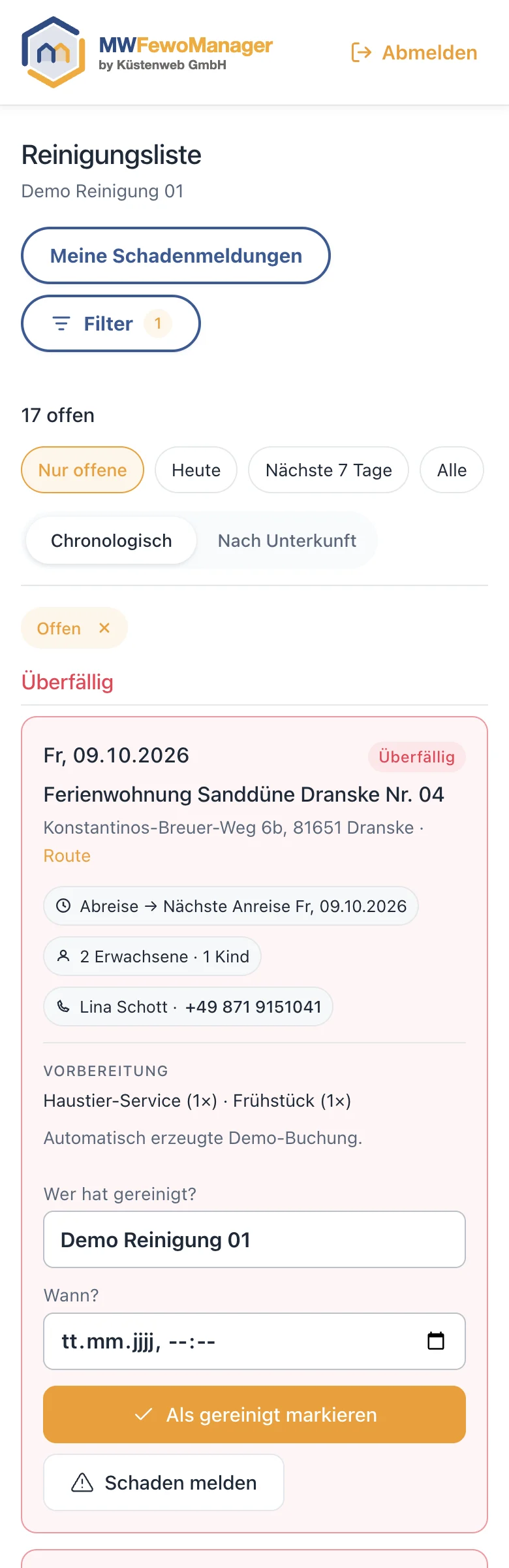 Reinigungsliste auf dem Telefon: überfällige Reinigungen mit Adresse, Gästen, Vorbereitung und dem Knopf Als gereinigt markieren
