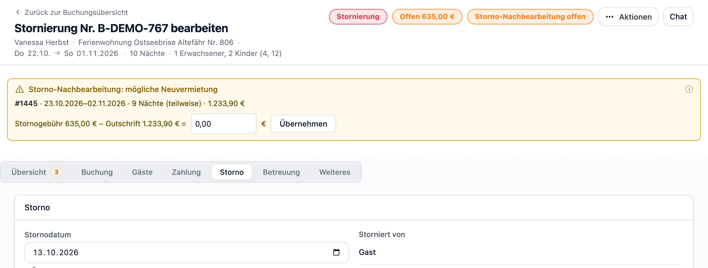 Stornierte Buchung: Hinweis zur möglichen Neuvermietung mit Stornogebühr, Gutschrift und dem vorgeschlagenen neuen Betrag