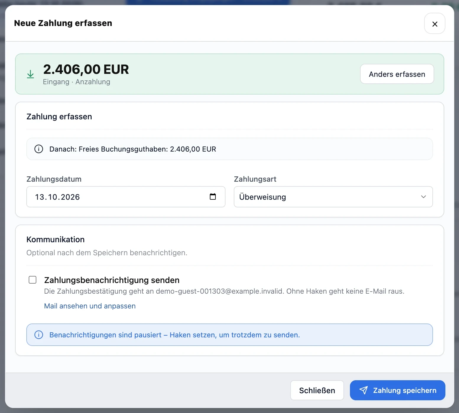 Dialog Neue Zahlung erfassen: Betrag 2.406,00 EUR als Anzahlung, Zahlungsdatum, Zahlungsart Überweisung und die Wahl, ob eine Zahlungsbenachrichtigung gesendet wird